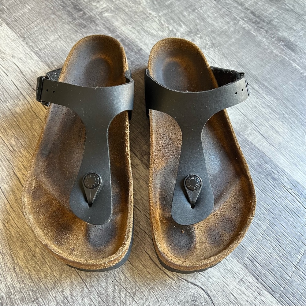 Birkenstock Gizeh Black Leather Thong Sandals EU 37 Cork Footbed